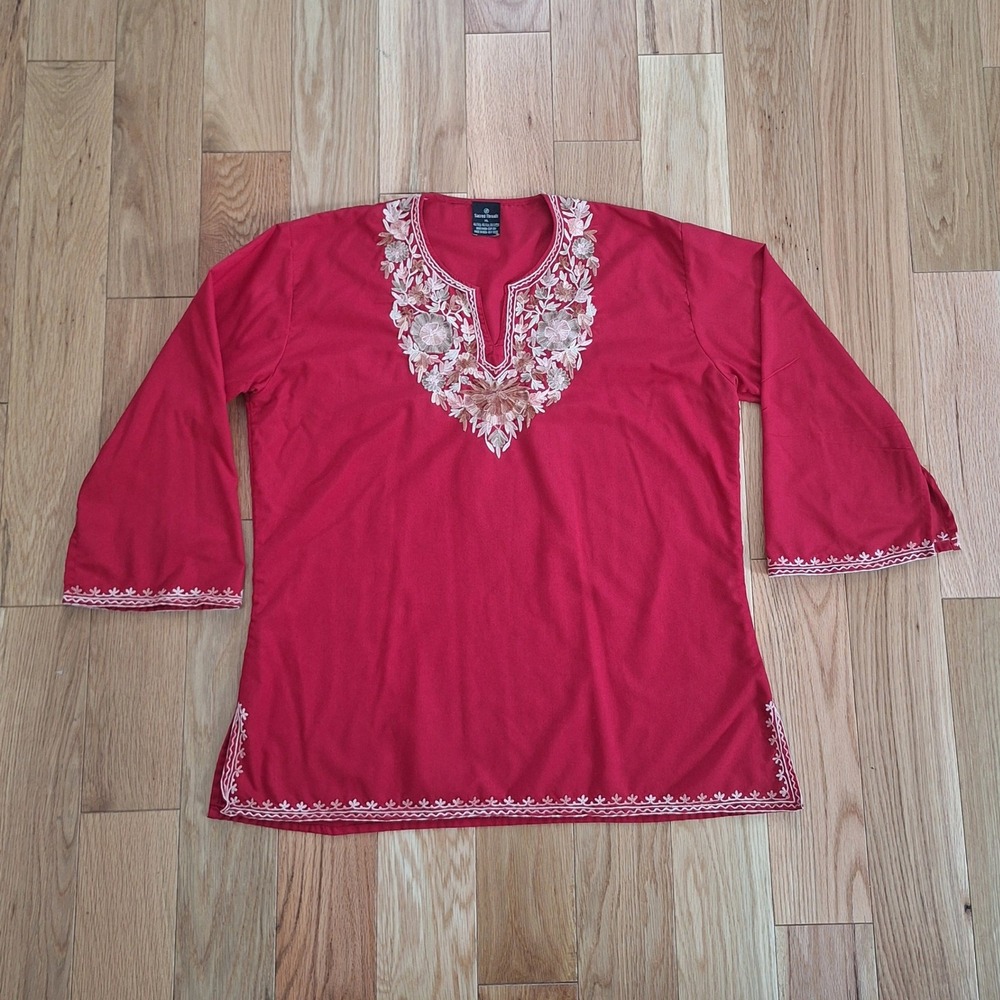Sacred Threads Vintage Boho Embroidered Bell Sleeve Tunic Top Red XL